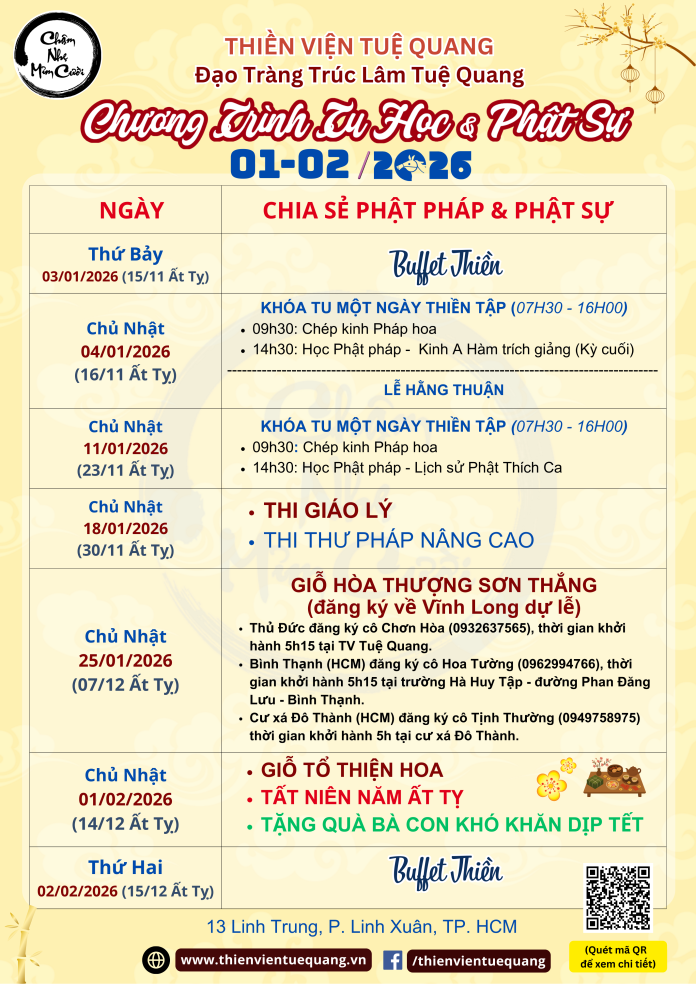 CHƯƠNG TRÌNH TU HỌC & PHẬT SỰ THÁNG 01-02/2026